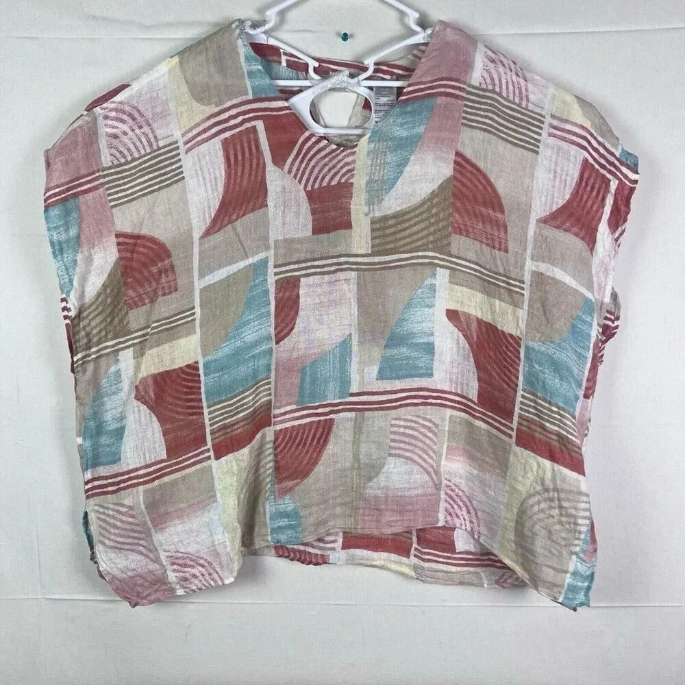 Chico's Geometric Block-Print Linen Poncho Top Women's‎ Size L/XL